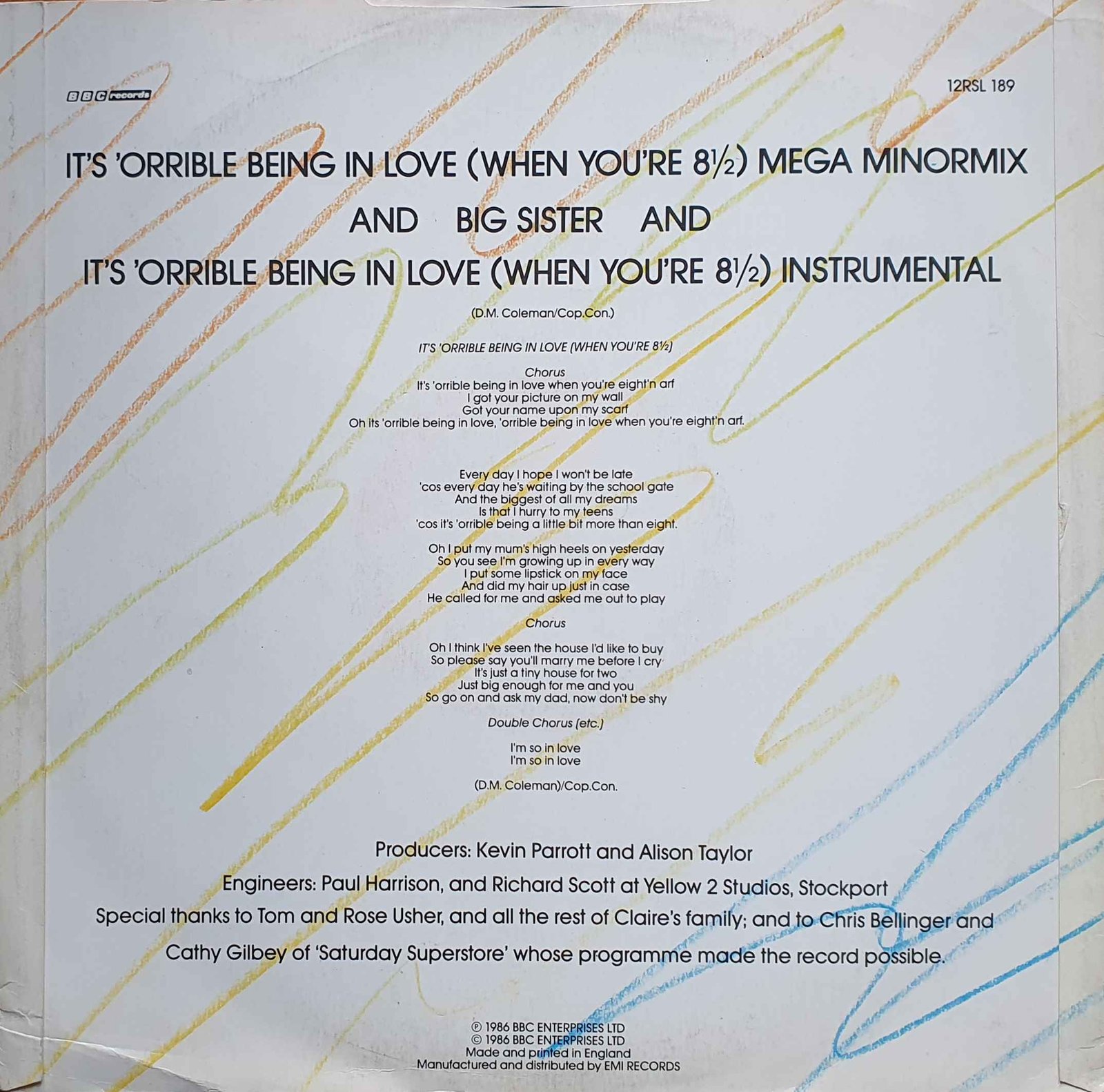 Picture of 12 RSL 189 It's 'orrible being in love (Saturday superstore) by artist Mick Coleman / Kevin Parrott / Claire and Friends (Claire Usher) from the BBC records and Tapes library